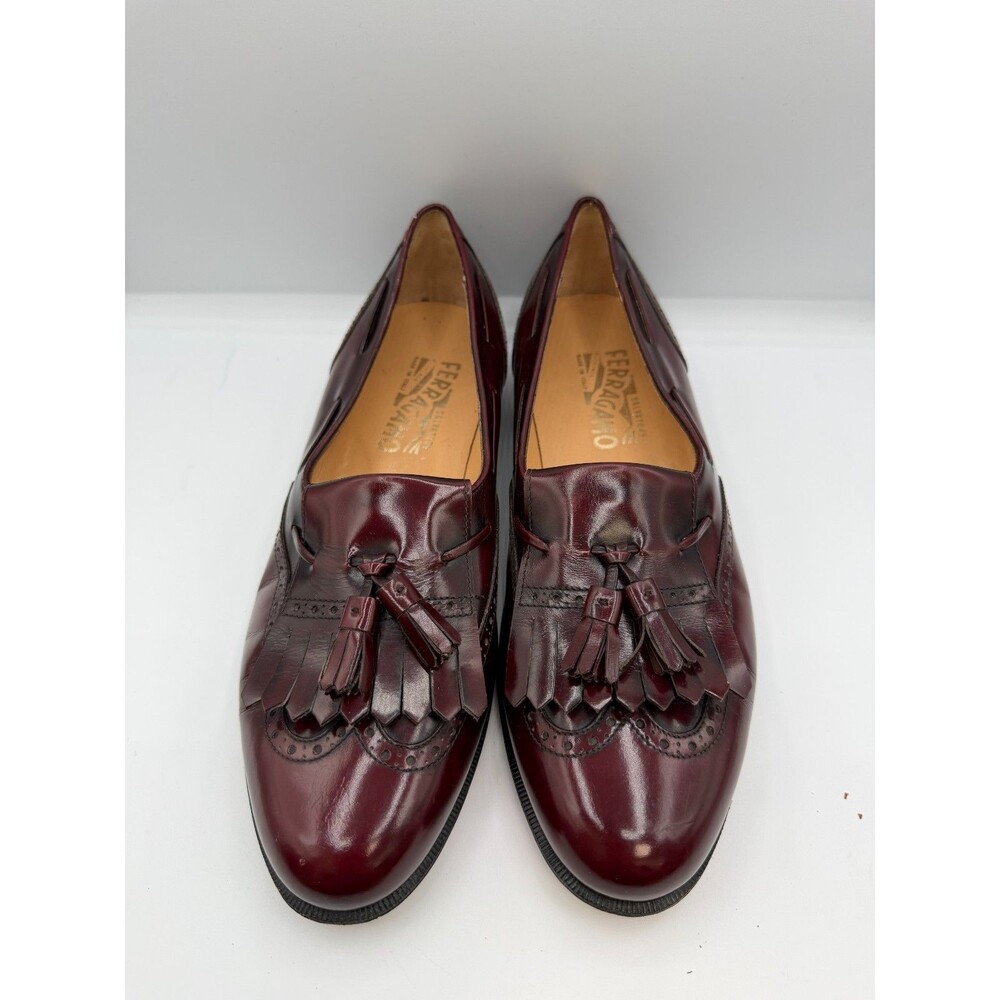 Salvatore Ferragamo Mens 9D Burgundy Leather Kiltie Tassel Brogue Loafers Italy